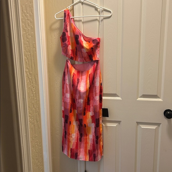 Lulus Luminous Vibes Hot Pink Abstract One-shoulder Cutout Midi Dress - Size S - Picture 5 of 8